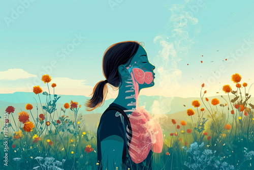 illustration of a teenage girl with lungs breathing, respiratory system, in nature photo