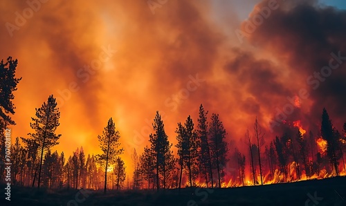 Forest fire in front of huge fire in ed freeman style, impressive panorama. Generative Ai
 photo