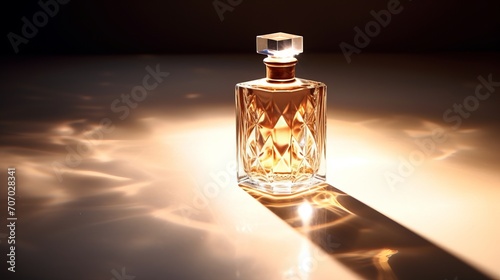 3D a gold bottle of perfume, still life, backlight background, hyperrealism photo