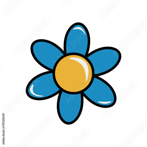 Vector cartoon clipart in groovy retro style with blye flower. Single isolated image on a white background. Stock illustration. photo