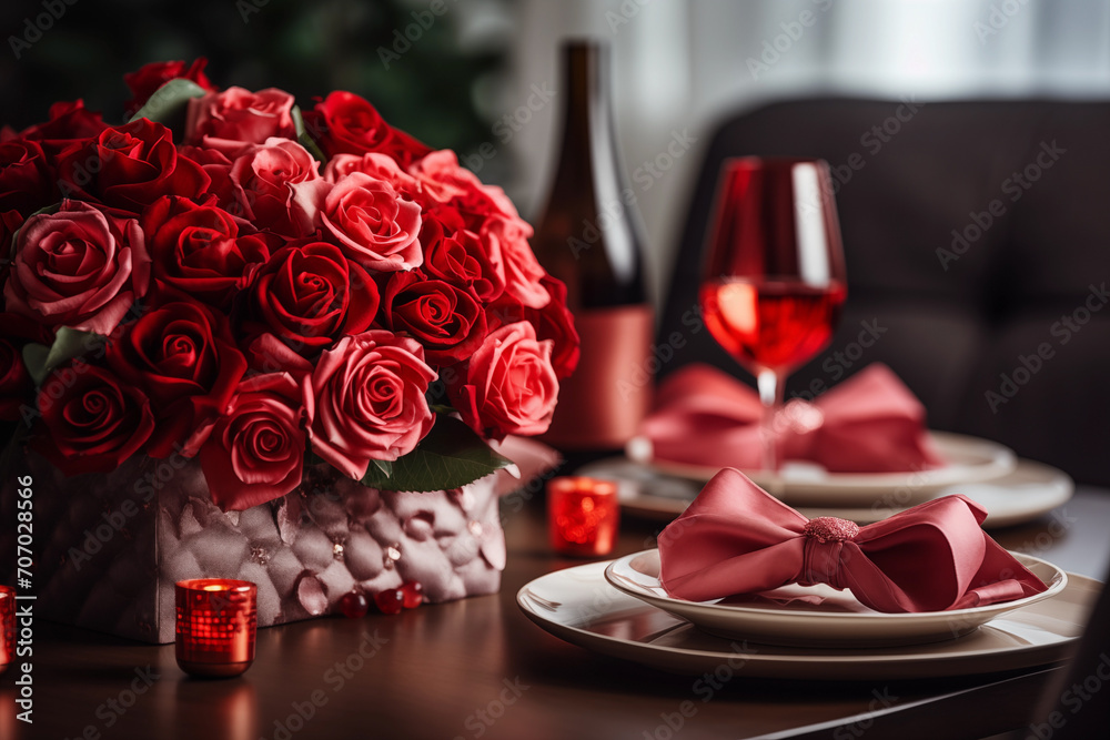 Romantic dinner setting with bouquet of rose and champagne in restaurant. Valentines day concept Romantic dinner setting with bouquet of rose and champagne in restaurant. Valentines day concept