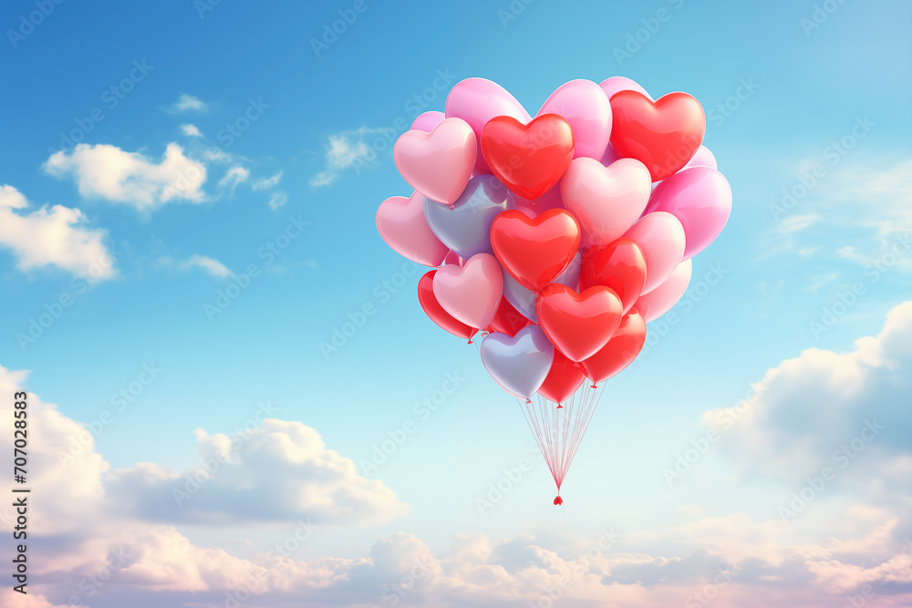 Obraz premium Heart shape balloons floting on the sky. Valentine's Day wallpaer and background concept