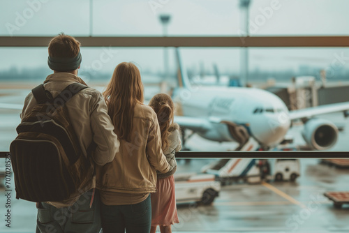 Traveler family waiting for a flight at the airport terminal on their holiday. Travel concept photo