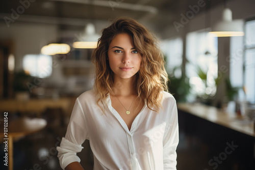 Portrait of young smiling freelancer woman or business people standing at creative office