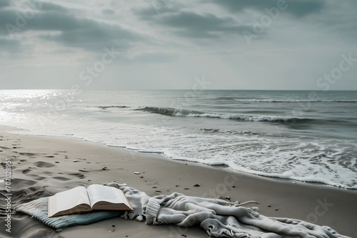 Open book on the beach in the evening with sea and sky background
