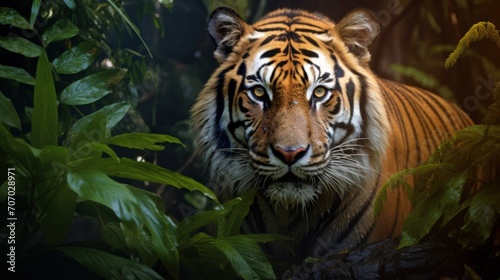 Portrait of a asian tiger silent in the nature deep jungle. AI generated image © atapdesain