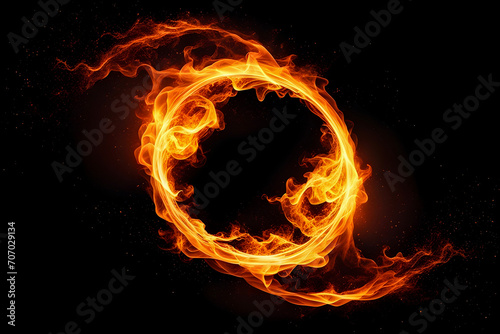 Circle of fire  magic spell effect on black background