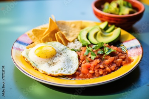 fried eggs on salsa with a side of beans and avocado slices