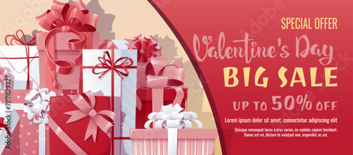 Valentine's day sale banner. Background, poster, flyer with a bunch of gifts decorated with bows. Discount voucher template for love day, wedding.