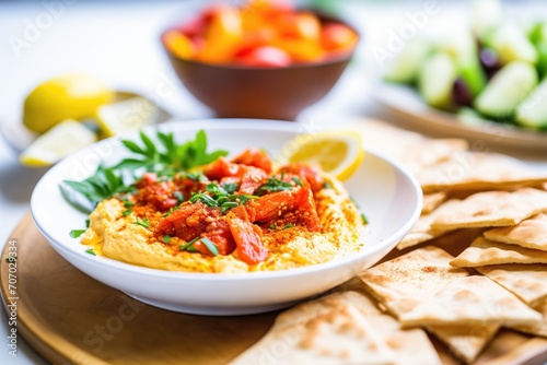 sun-dried tomato hummus with pita pieces arranged in rows