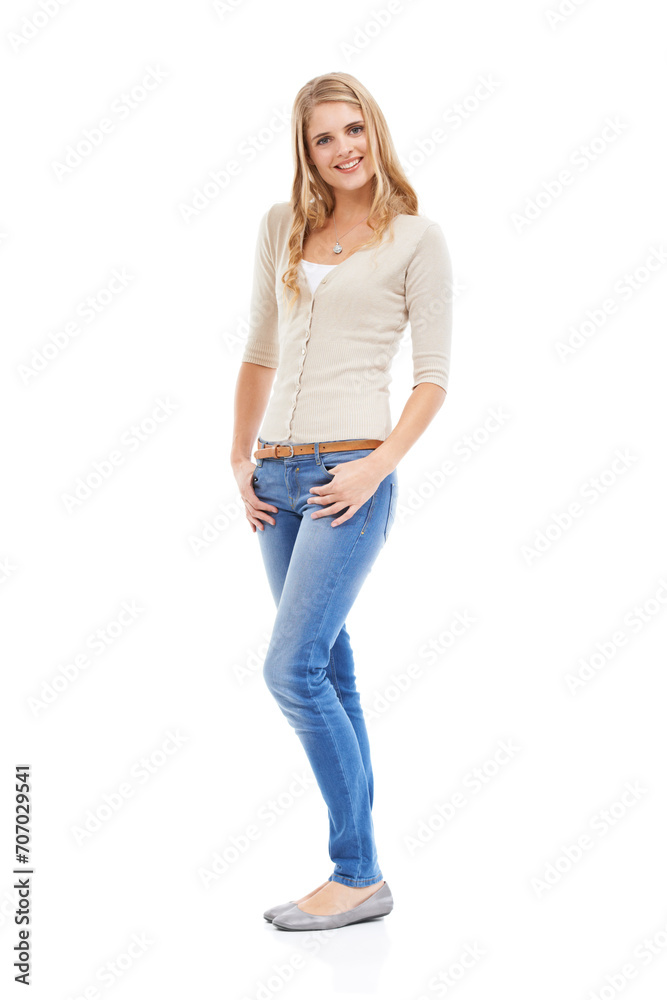 Woman, portrait or happy with fashion in studio with calm expression, positivity or smile. Model, person and confidence or joy with casual outfit, trendy clothes and mock up space on white background Woman, portrait or happy with fashion in studio with calm expression, positivity or smile. Model, person and confidence or joy with casual outfit, trendy clothes and mock up space on white background