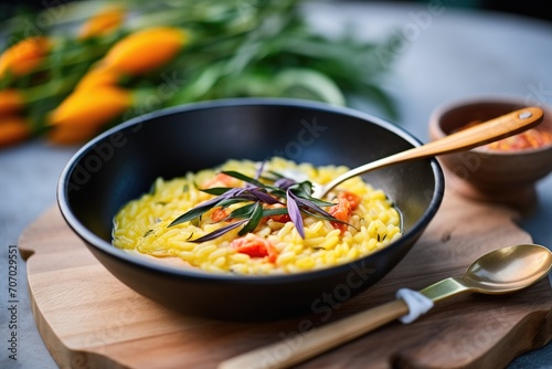 risotto with saffron in a black bowl and a spoon aside photo
