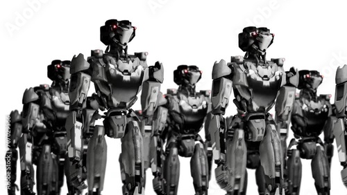 3d rendering of walking robotics army, industrial group of cyborg machines on white and green screen studio background.
