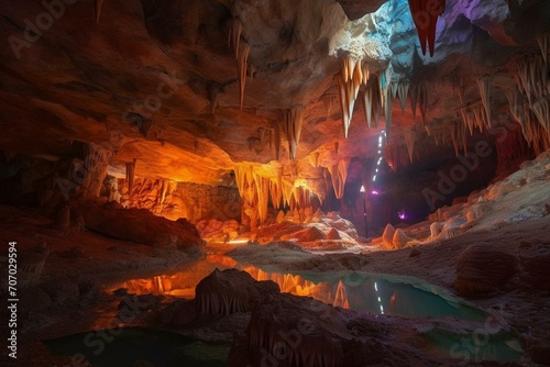 Awe-inspiring cavern with dazzling crystals, gems, and mesmerizing sunset. Generative AI