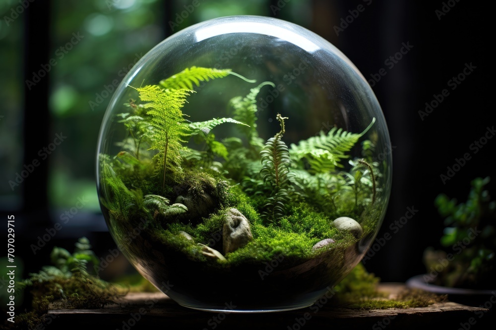 Fern in a terrarium with moss and small creatures.