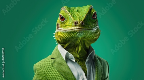 Portrait green serious lizard wear formal suit isolated on green background. AI generated image