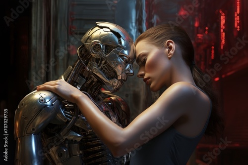 A love relationship between a girl and an android robot. Humanity and artificial intelligence. 