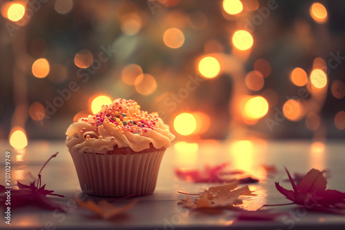 Cupcake with pink cream on a white table with pumpkins and autumn leaves