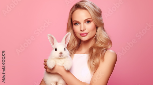 Portrait of lovely, romantic young blond woman in white dress, holding a little rabbit of Easter holiday as celebrating orthodox holiday, pink background