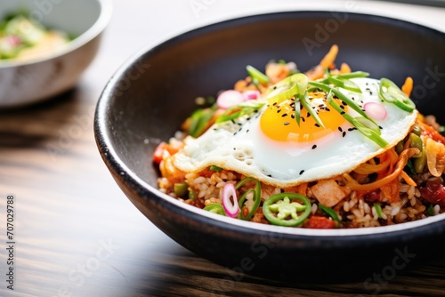 kimchi fried rice in a black bowl with a fried egg on top