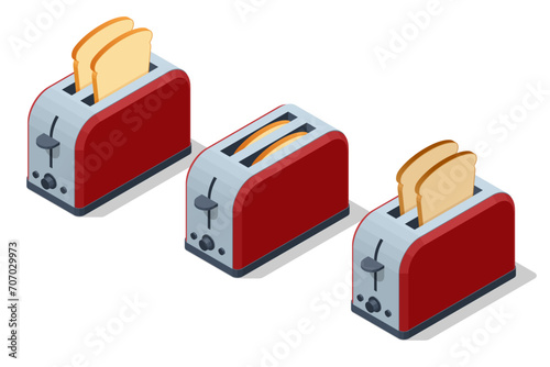 Isometric red toaster with toasted bread on white background. Fresh crispy wheat bread. An appliance for toasting bread.