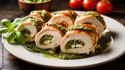 Tasty hot Italian Chicken Roll with sauce pesto, cheese and tomatoes on a white plate decoration photo