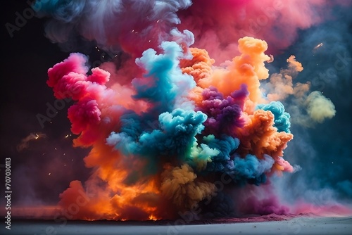 A vibrant explosion of colors as multicolored smoke spreads across a bright background. photo