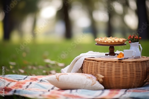 pie in outdoor setting, picnic basket and blanket alongside