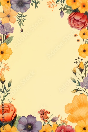 Frame with colorful flowers on yellow background