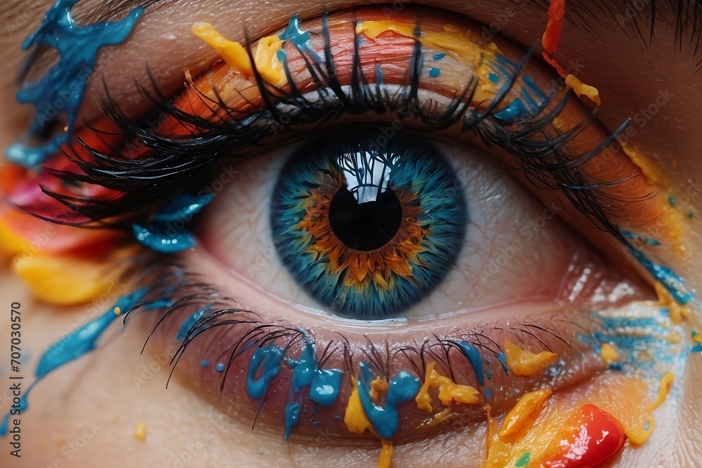A close-up of a person's eye, adorned with vibrant and colorful paint strokes.