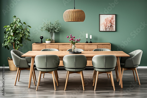Green tones dining room wooden table with a vase of flowers on top  green chairs.