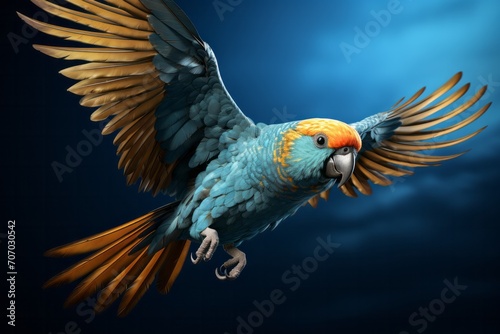 3D Render of a Blue-crowned Conure, on an isolated Sapphire Blue background, Generative AI 
