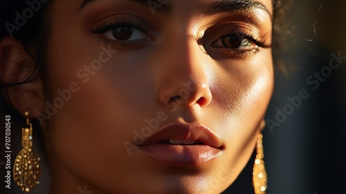 Portrait of beautiful young and gentle woman wearing jewelry, with shiny makeup, gold earrings looking at the camera