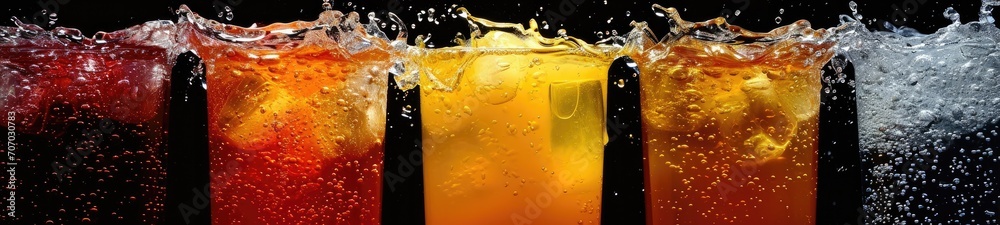 Soft drinks, water and splashes on black background Soft drinks, water and splashes on black background