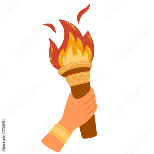 Hand with flaming torch. Burning torch flame in hand. Symbols of relay race, competition victory, champion or winner. Vector hand draw illustration isolated on white.