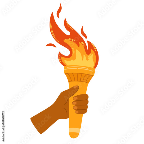Hand with flaming torch. Burning torch flame in hand. Symbols of relay race, competition victory, champion or winner. Vector hand draw illustration isolated on white.