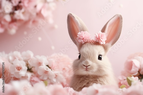 Cute baby bunny with flowers background. Greeting card concept
