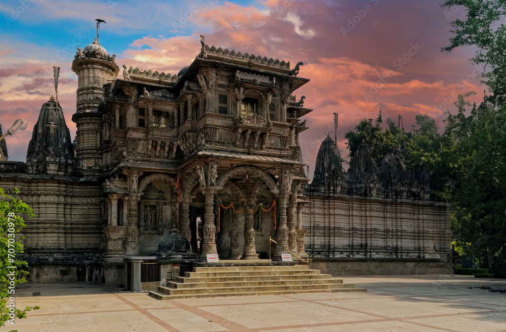 Sunrise or Sunset at Traditional Indian Temple with Ornate Carvings and Sculptures, India