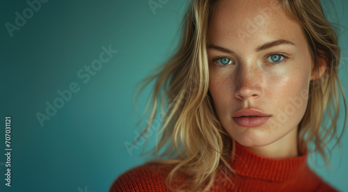 closeup of beauty natural scandinavian blonde woman with blue eyes natural skin for skincare hair salon commercial advertisement with studio light looking at camera in editorial magazine copy space photo