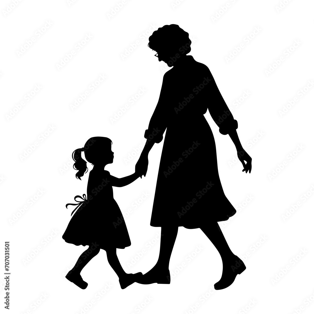 vector illustration. silhouette of a grandmother with her granddaughter walking hand in hand vector illustration. silhouette of a grandmother with her granddaughter walking hand in hand