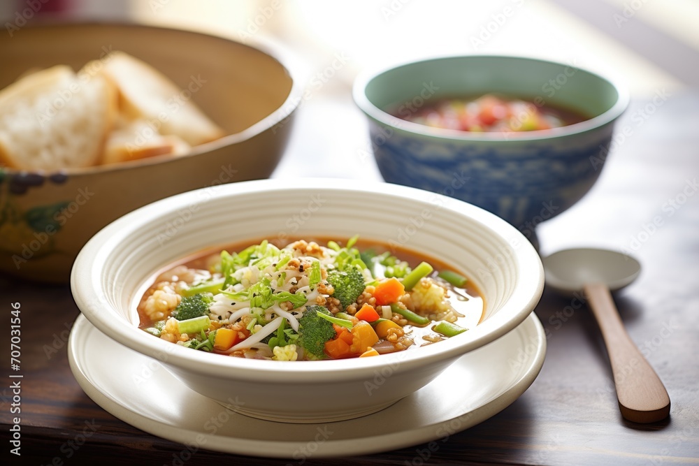 minestrone in bowl with side of crusty bread minestrone in bowl with side of crusty bread