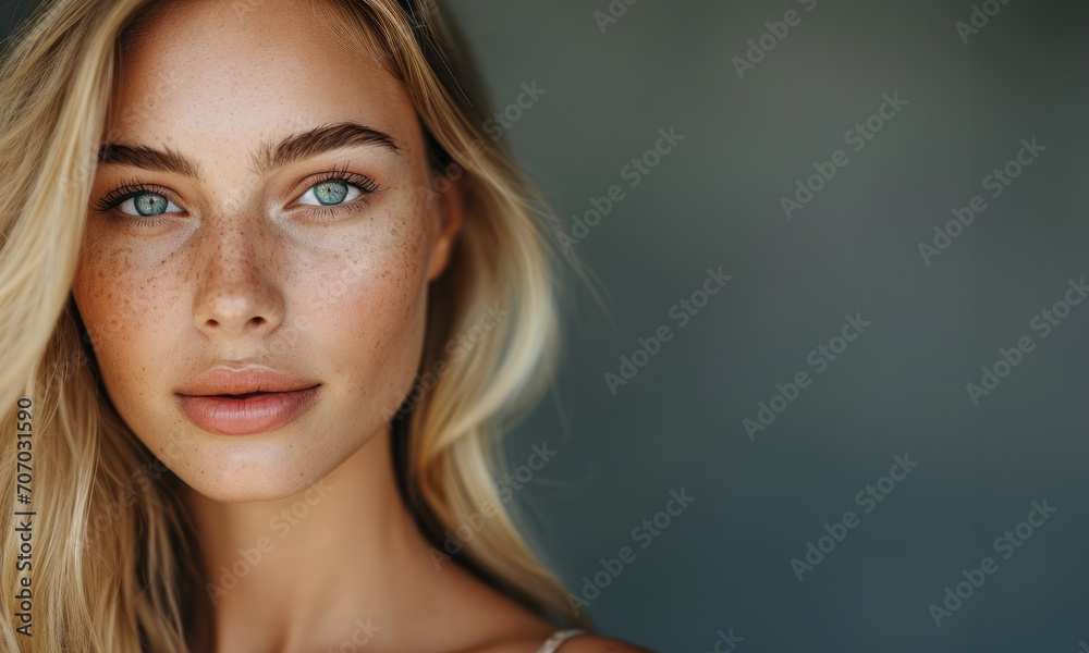 closeup of beauty natural scandinavian blonde woman with blue eyes natural skin for skincare hair salon commercial advertisement with studio light looking at camera in editorial magazine copy space