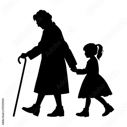 vector illustration. silhouette of a grandmother with her granddaughter walking hand in hand