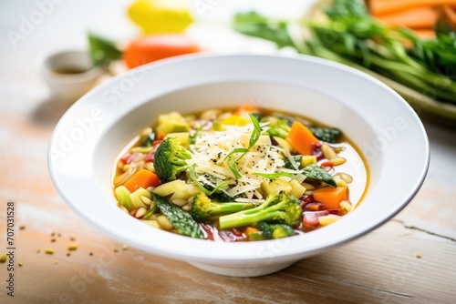 minestrone with colorful veggies and pasta pieces