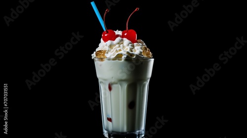 creamy milkshake with whipped cream, cherries, and syrup, a classic fast food dessert.isolated on black