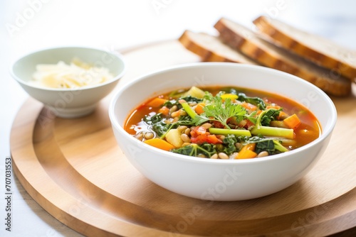 minestrone in bowl with side of crusty bread