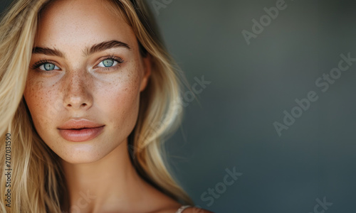 closeup of beauty natural scandinavian blonde woman with blue eyes natural skin for skincare hair salon commercial advertisement with studio light looking at camera in editorial magazine copy space photo