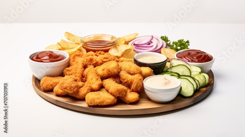 fast food crispy chicken nuggets, golden fries, and fresh vegetables with various dipping sauces.
