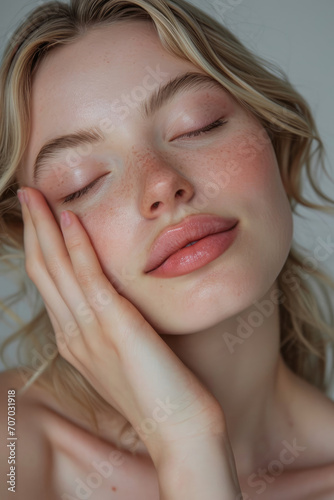 closeup of beauty natural scandinavian blonde woman with blue eyes natural skin for skincare hair salon commercial advertisement with studio light looking at camera in editorial magazine copy space © MaryAnn
