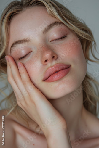closeup of beauty natural scandinavian blonde woman with blue eyes natural skin for skincare hair salon commercial advertisement with studio light looking at camera in editorial magazine copy space